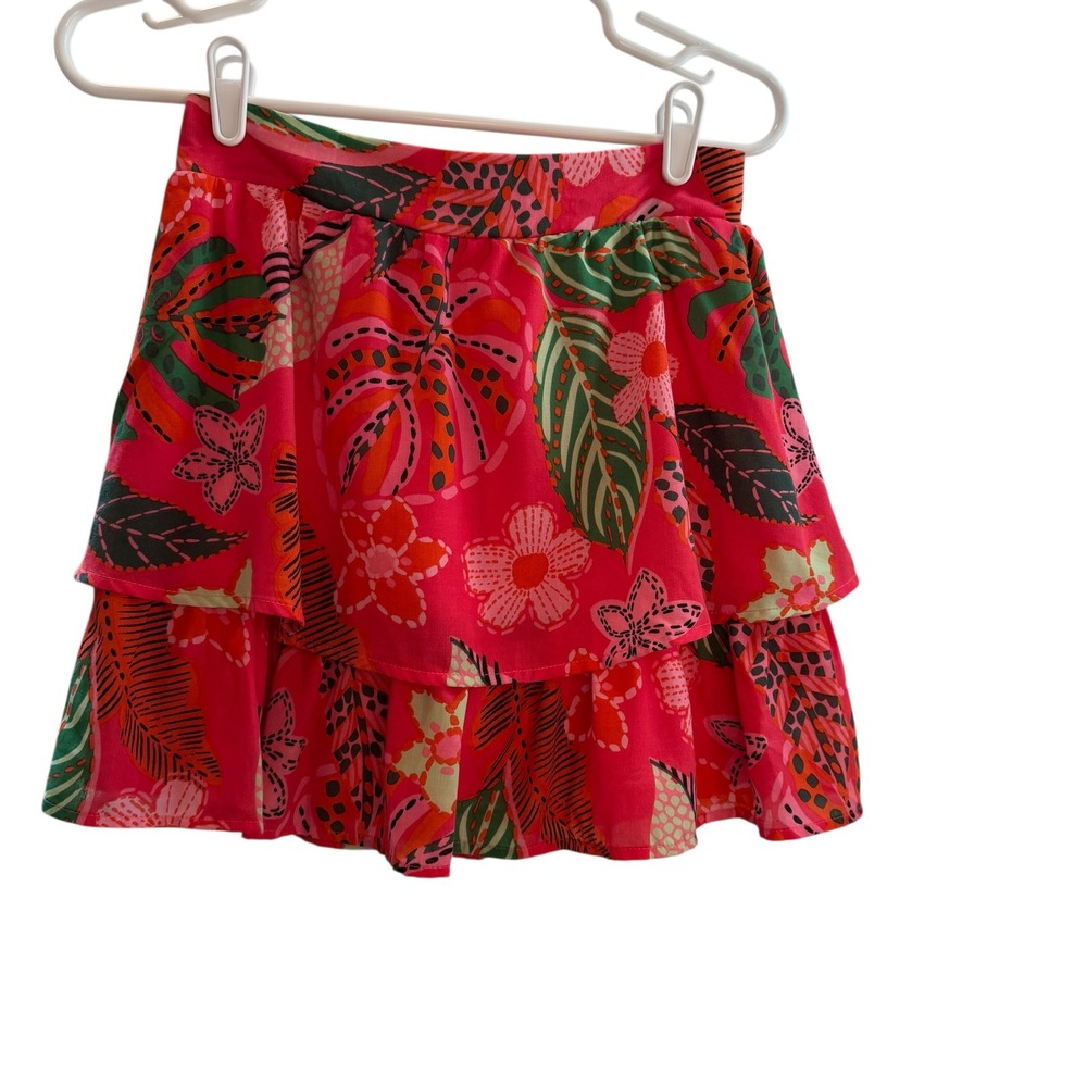 Crystal Sky Tropical Floral Tiered Mini Skirt Pink Orange Green Smocked Small